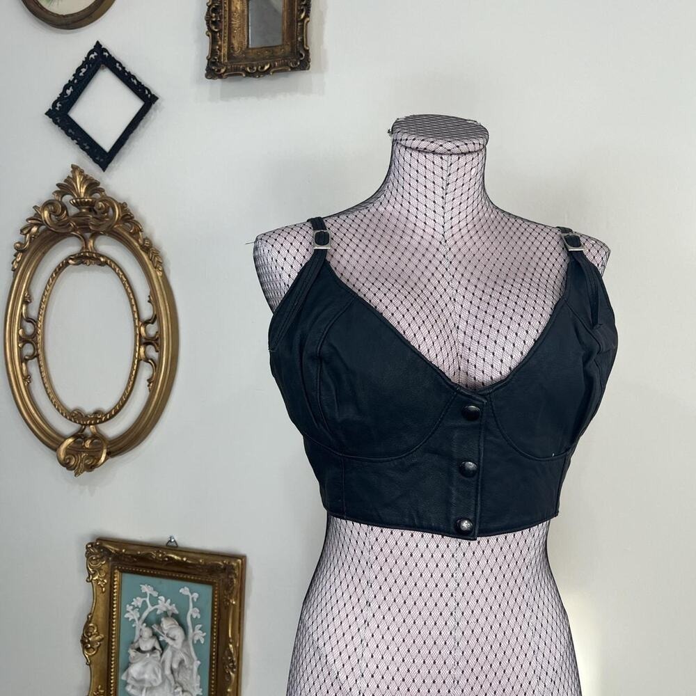 Vintage Black Genuine Leather Corset Crop Top size L